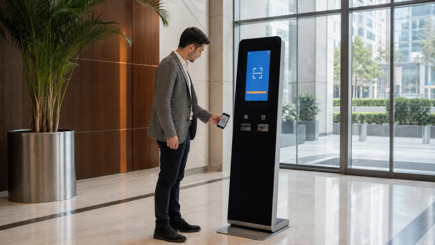 Ziyaretçinin lobide kiosk önünde telefonuyla self-servis giriş adımını tamamlaması