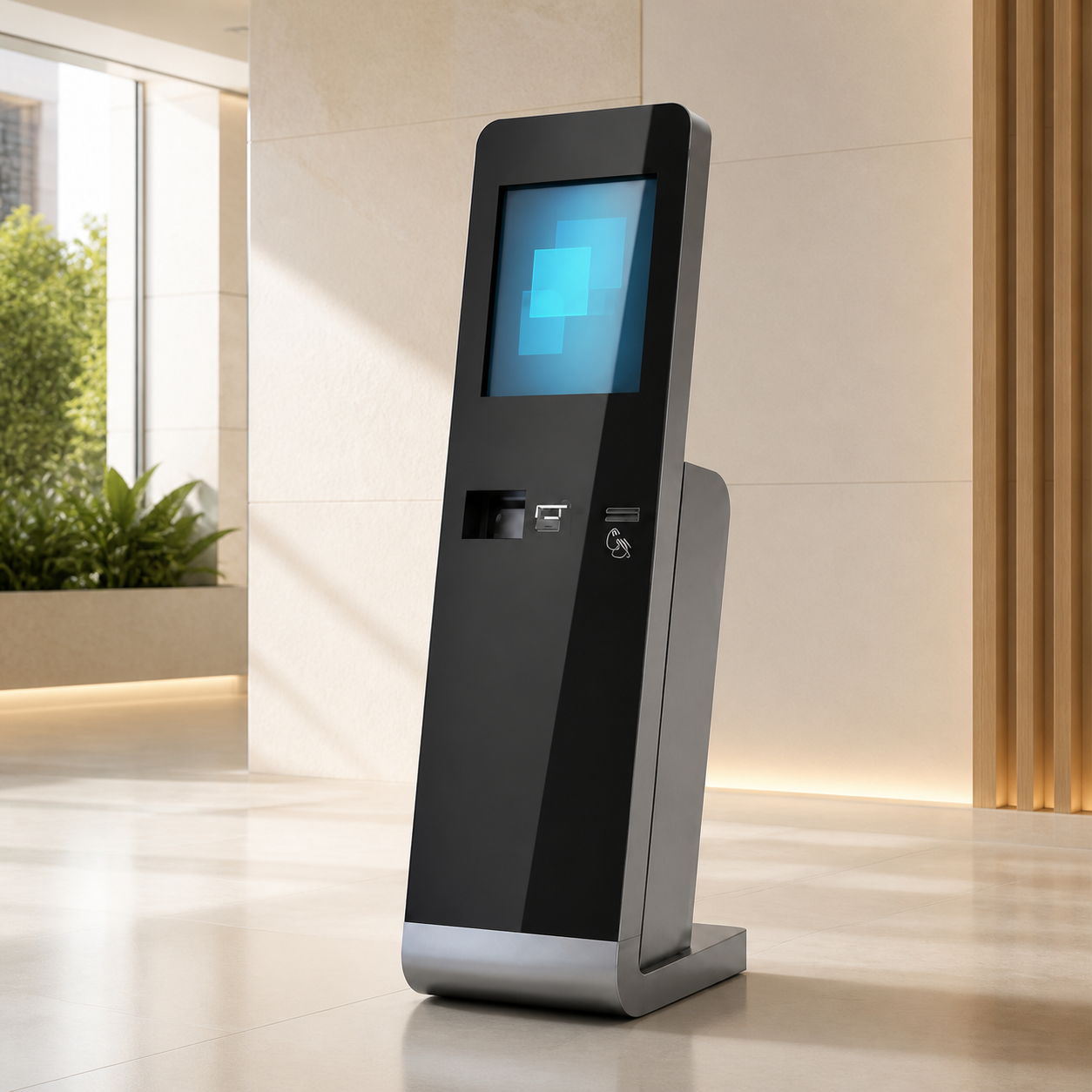 Modern plaza lobisinde IntelliLobby ZBox ziyaretçi kiosku