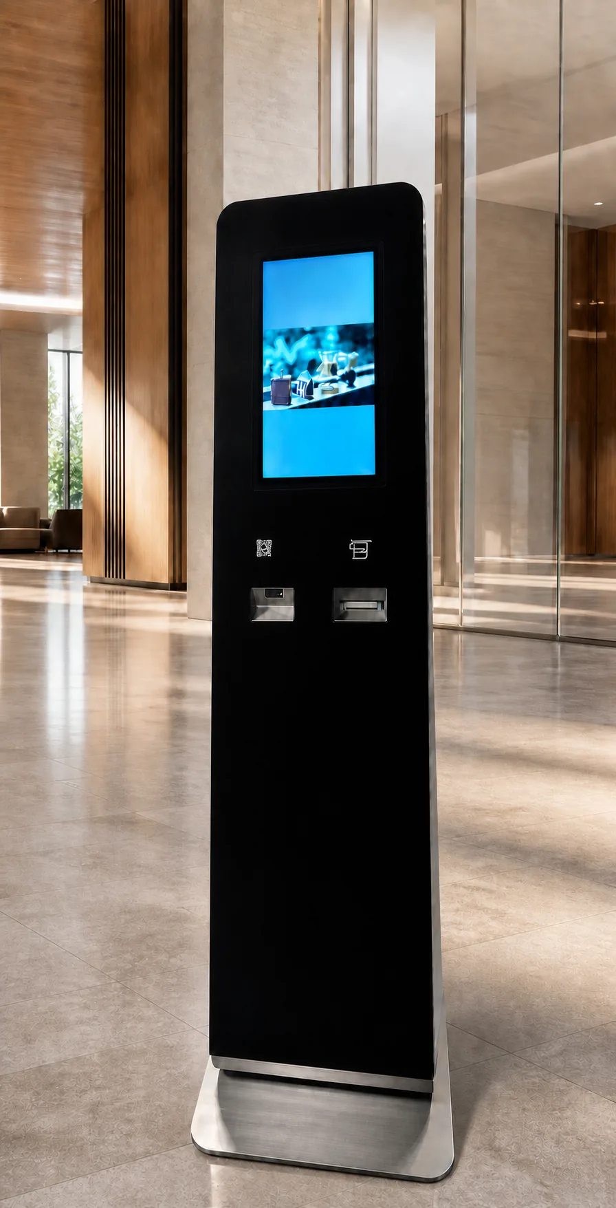 Plaza lobisinde kolon yanında konumlandırılmış IntelliLobby kiosku