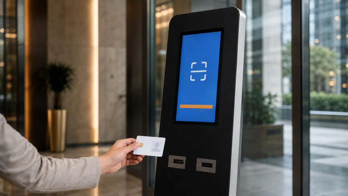 Ziyaretçinin kimlik kartını kiosk okuyucusuna okuttuğu yakın çekim